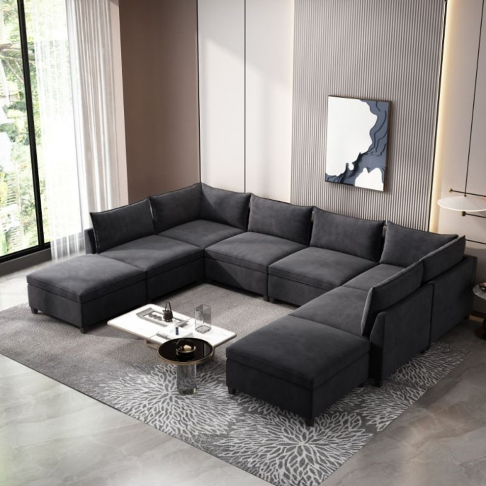 Devion Furniture Modern U  Shaped Fabric Sectional Sofa in Dark Gray   Sectional Sofas   by Homesquare  Houzz