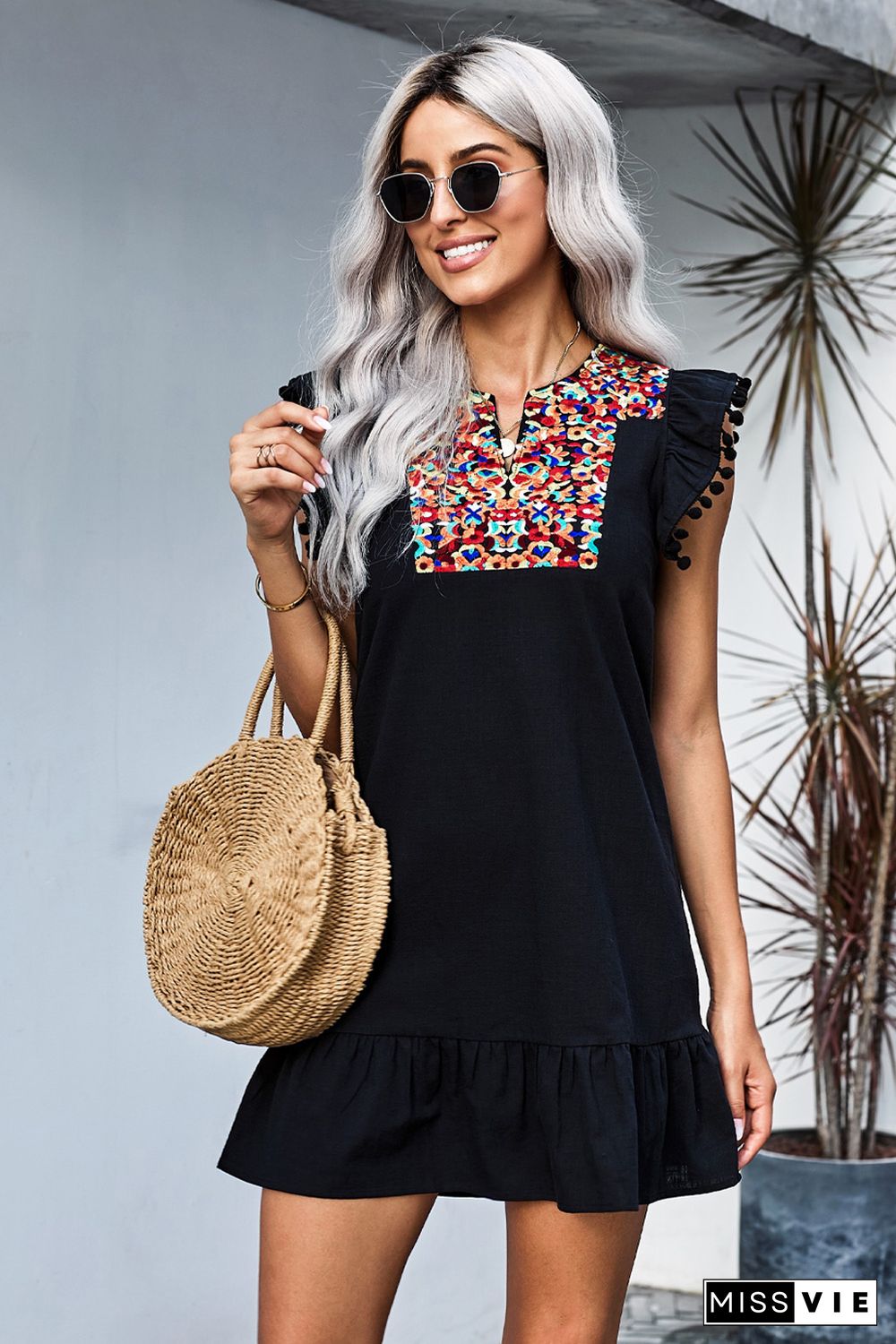 Black Boho Print Pompom Sleeve Shift Dress