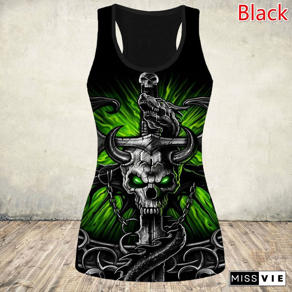 Women's Fashion 3D Skull Print Hollow Out Tank Top Summer Sleeveless Graphic Punk Shirt Slim Fit Cotton Gothic Tee Tops Plus Size Vest XS-8XL