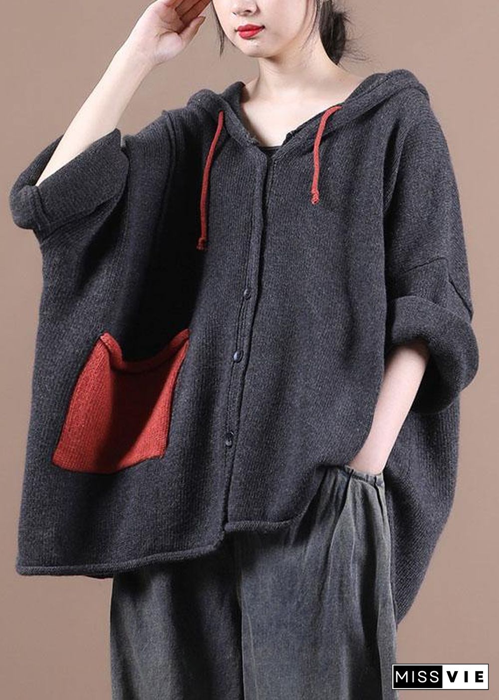 Comfy Dark Grey hooded Pockets Sweater Coat