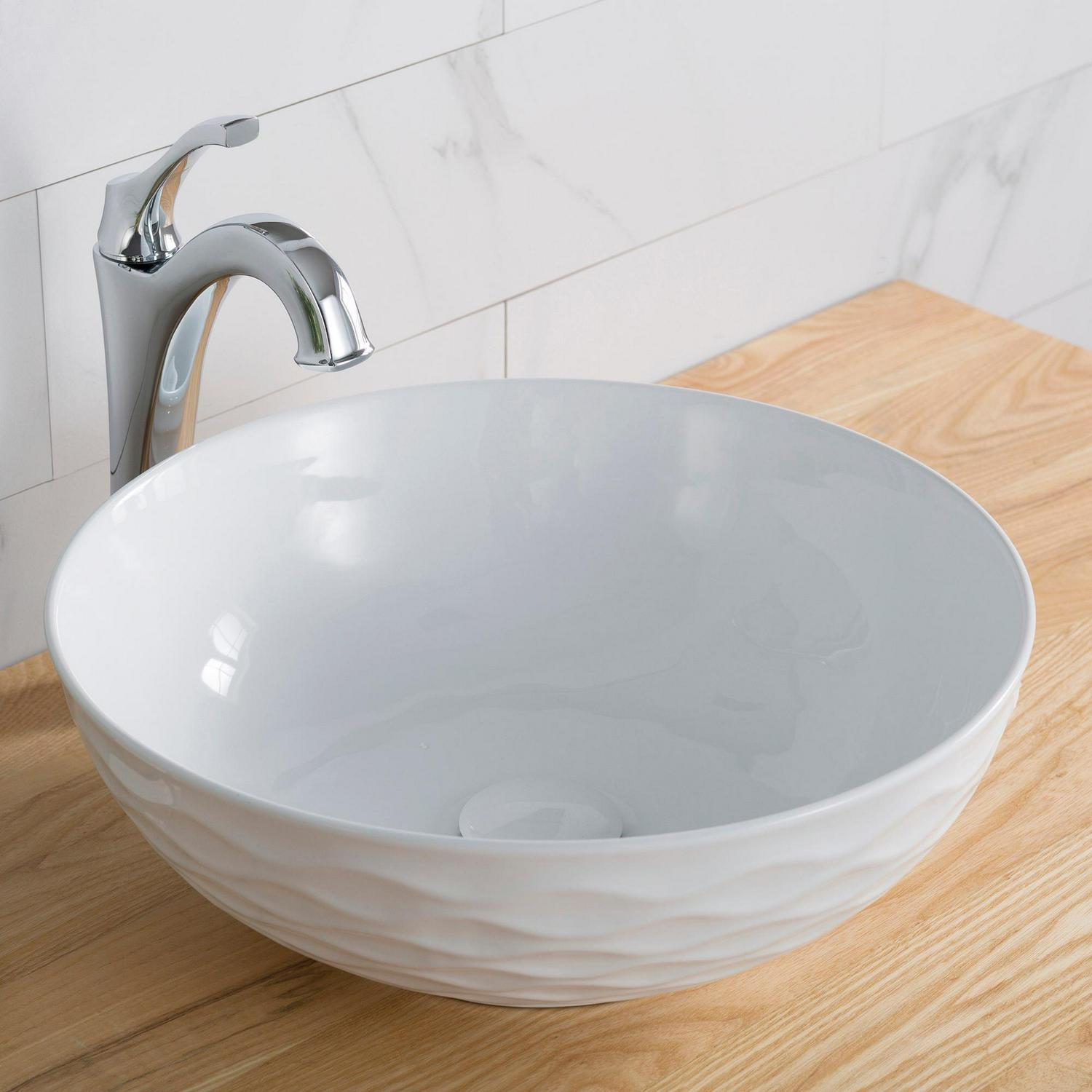 KRAUS Viva Round White Porcelain Ceramic Vessel Bathroom Sink with Pop-Up Drain， 16 1/2 in. D x 5 1/2 in. H