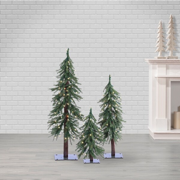 Elegant 3 Piece Pre Lit Alpine Tree Set with Warm White LED Lights