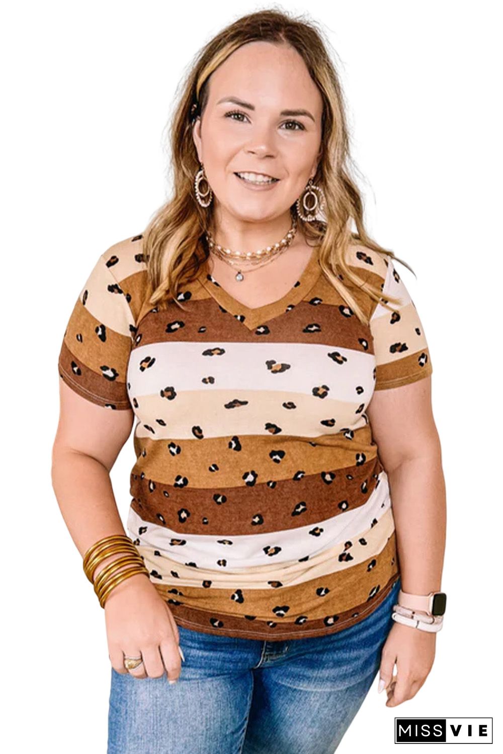 Leopard Color Block V Neck Plus Size T Shirt