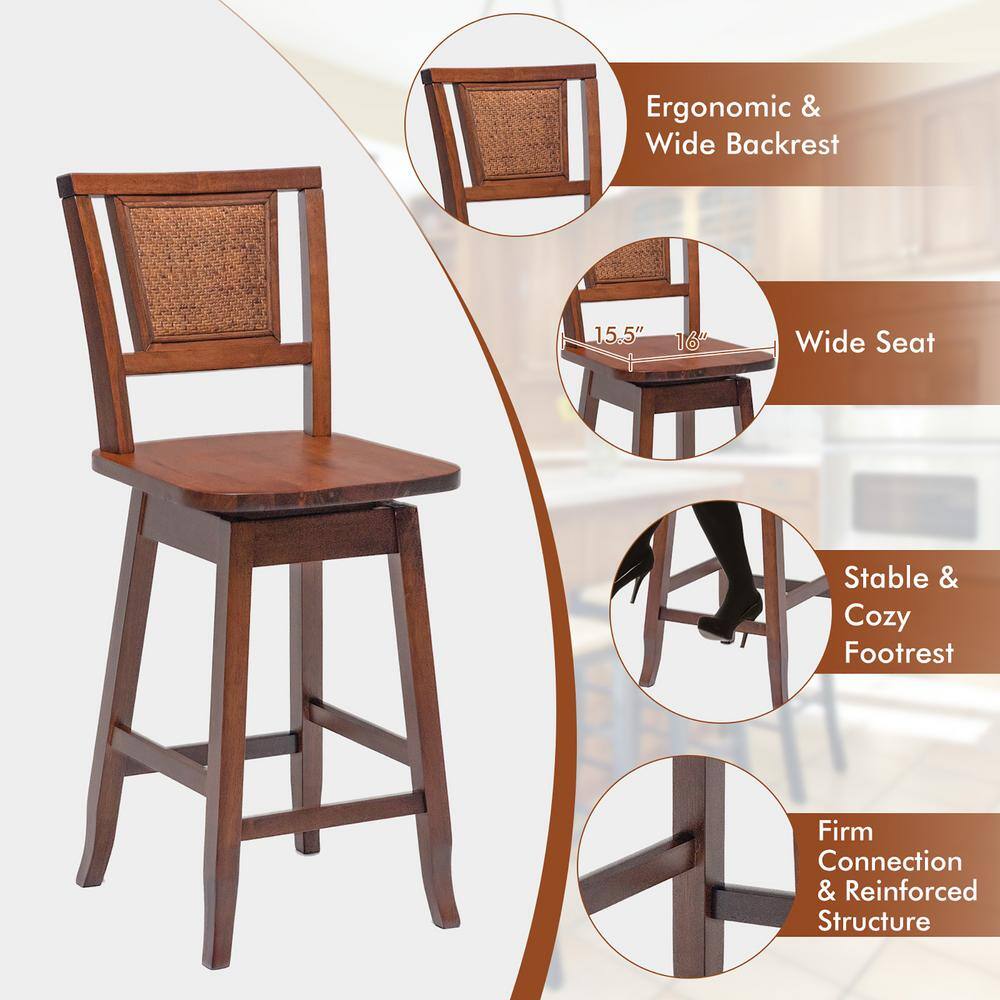 Costway 39 in. Brown Wood Low Back Swivel Bar Stool Rubber Wood Pub Chairs w/Rattan Back Set of 2 JV10645-24