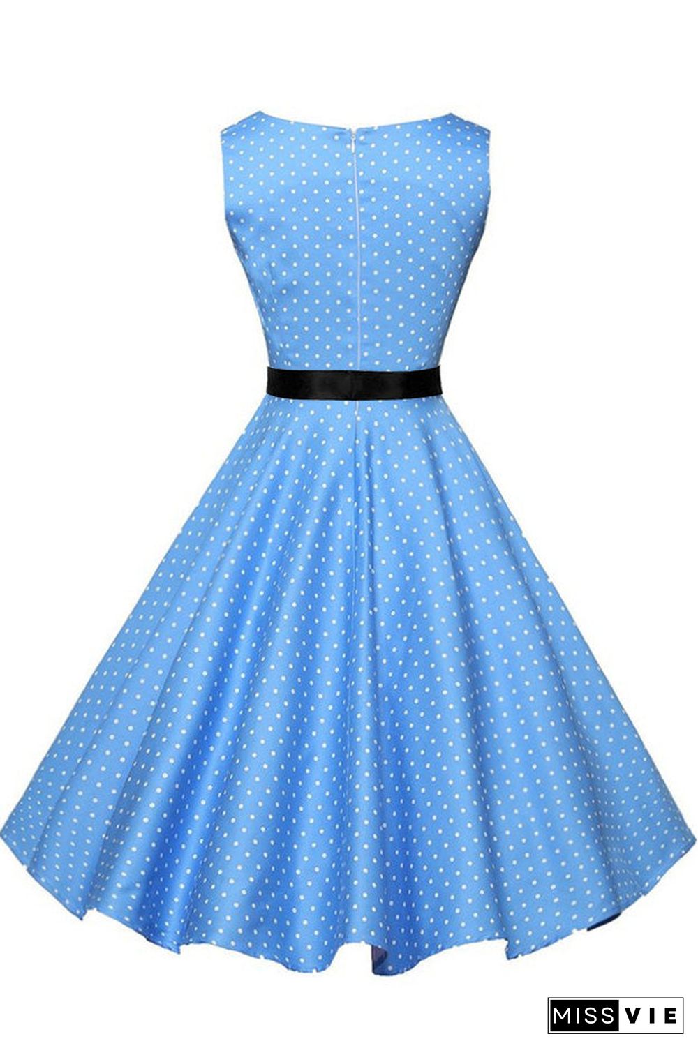 Blue Polka Knot Sleeveless Belted Dress