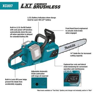 Makita LXT 14 in. 18V X2 (36V) Brushless Electric Battery Chainsaw Kit (5.0Ah) with bonus 18V LXT 5.0 Ah (2-Pack) XCU07PT-BL18502