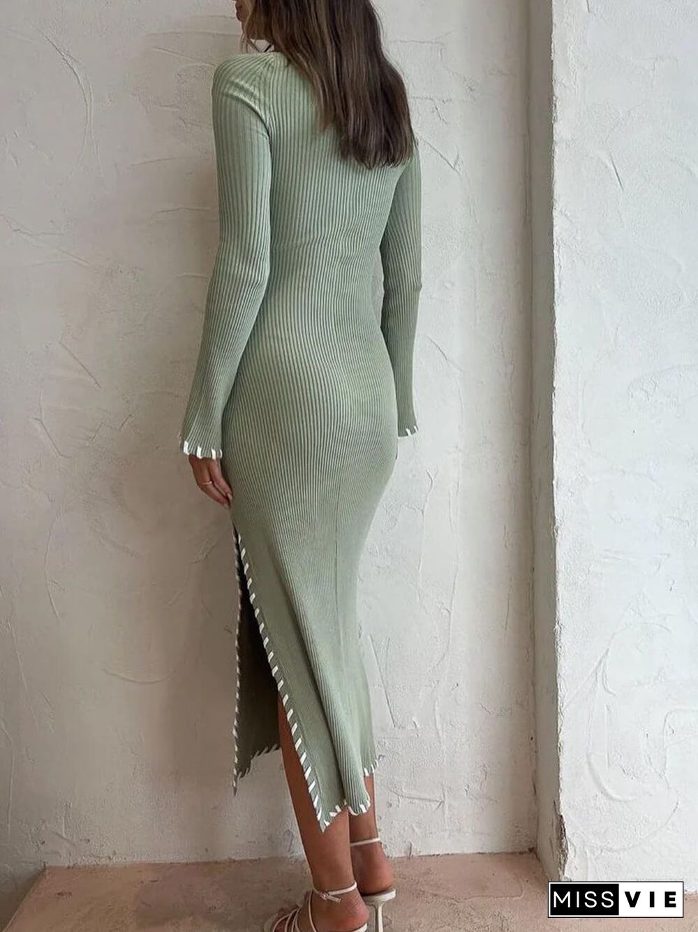 High Waist Solid Color Bodycon Slit Midi Dress