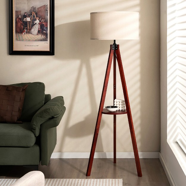 Tangkula Tripod Floor Lamp Wood Standing Lamp W Flaxen Lamp Shade And E26 Lamp Base