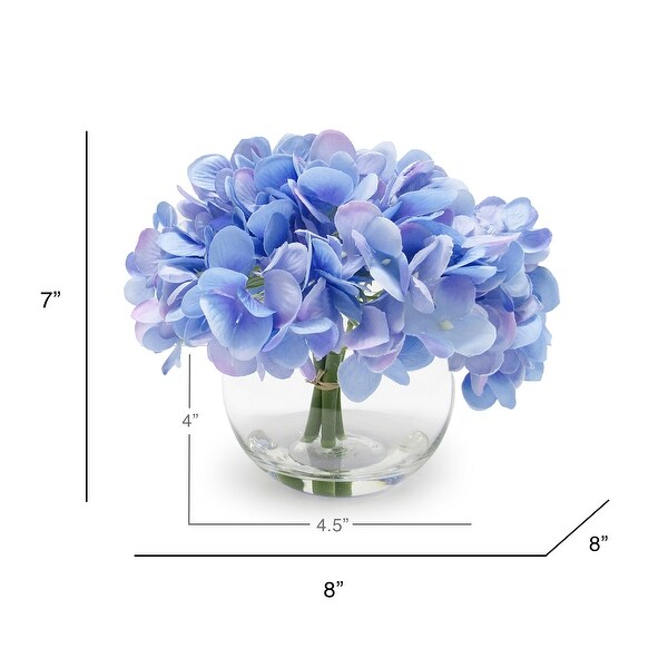 Artificial Hydrangea Flower Arrangement in Round Glass Vase 7in