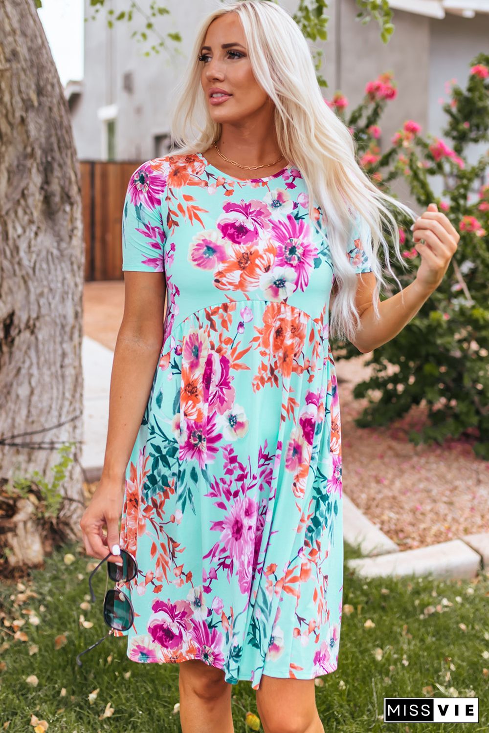 Sky Blue Short Sleeve High Waist Floral T-shirt Dress