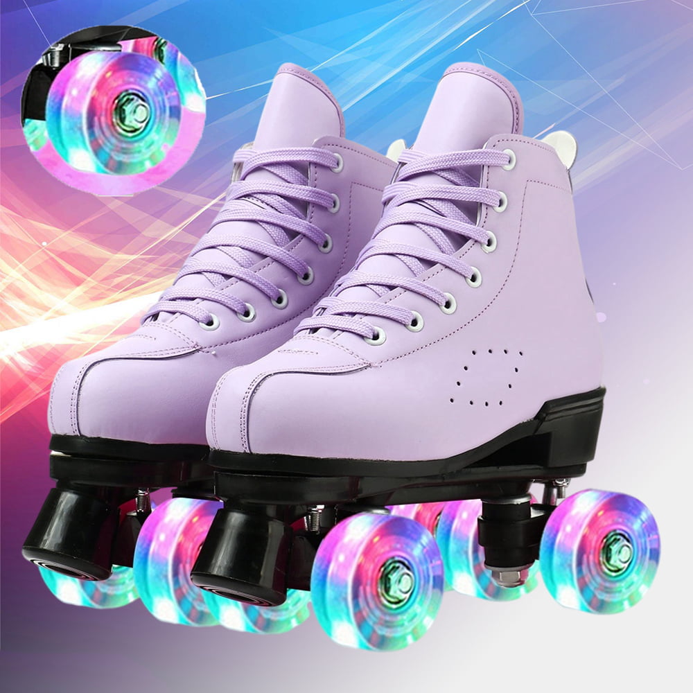 Roller Skates For Women Four Wheel Roller Skates Retro PU Leather Design Roller Skates High Top 4 Lighting Wheels Roller Skates for Girls Beginner Indoor Outdoor， Purple，6.5