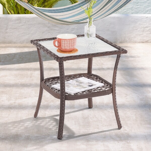 LIVOOSUN Patio Water Rippled Glass Side Table Rattan Coffee Table