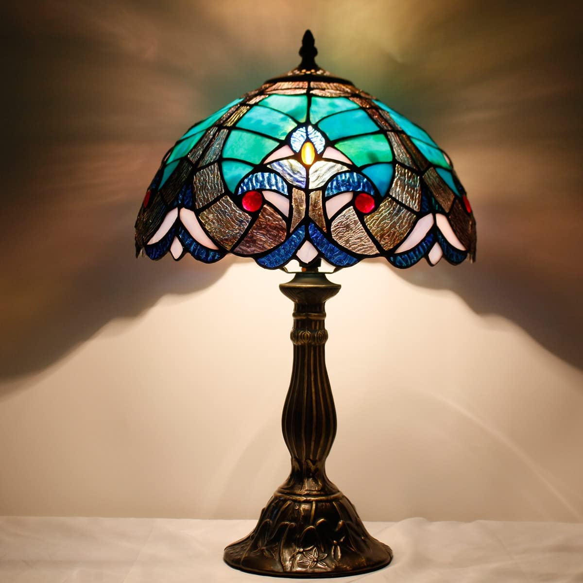 SHADY Tiffany Style Lamp Green Liaison Stained Glass Bedside Table Lamp Reading Desk Light 12X12X18 Inches Decor Nightstand Bedroom Living Room Home Office S160G Series