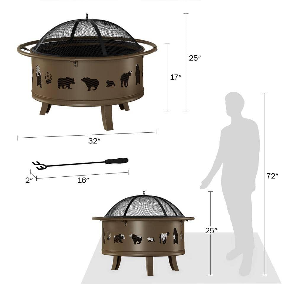 Pure Garden 32 in W x 25 in H Round Steel Wood Burning Outdoor Deep Fire Pit in Antique Gold with Bear Cutouts