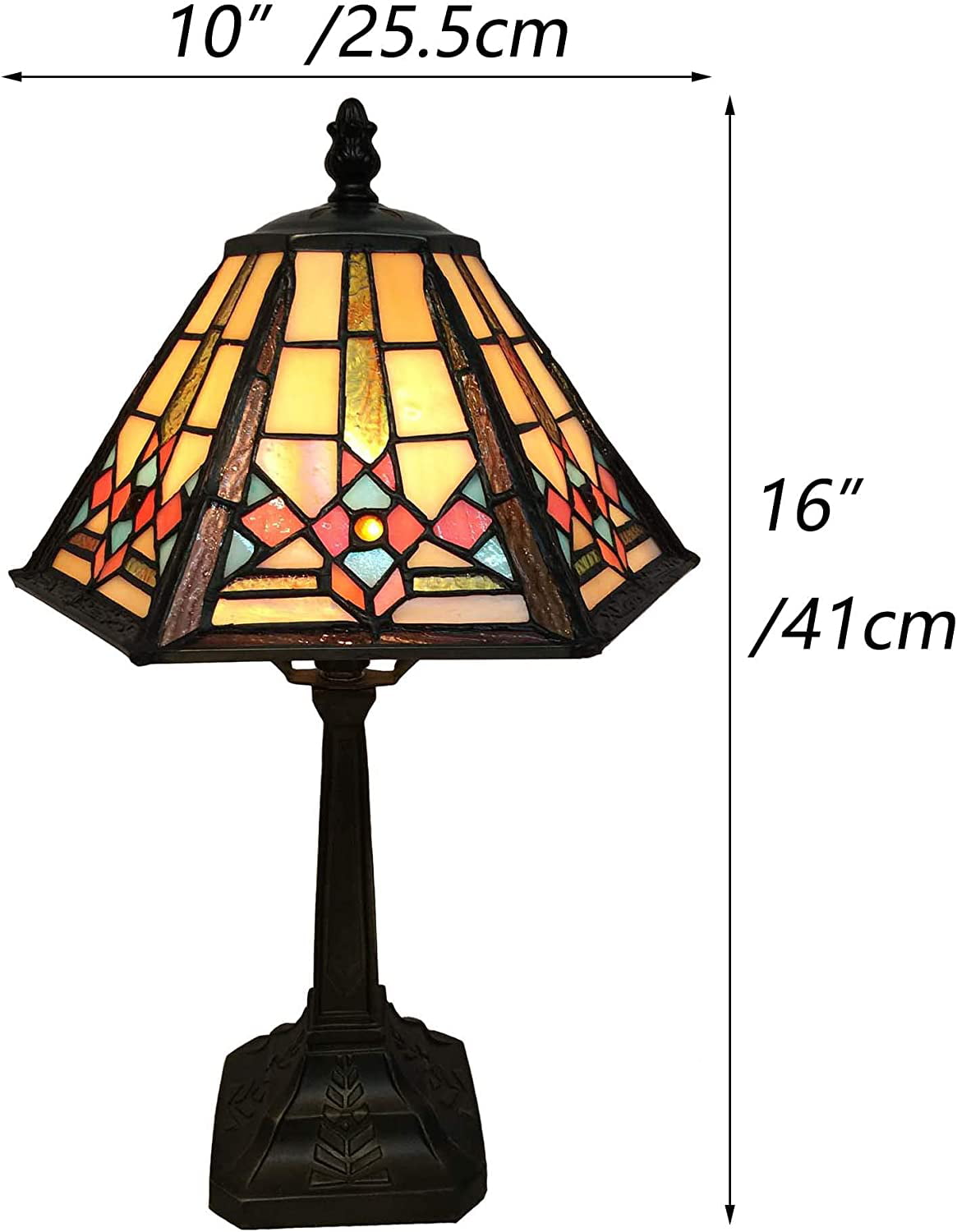 SHADY L10791 Mission Style Table Lamp Tiffany Stained Glass Night Light with Hexagonal Cone Lampshade  10&#34; W x 16&#34; H