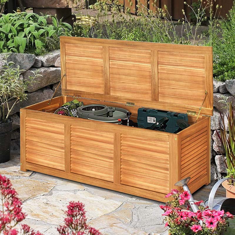 47 Gallon Acacia Wood Deck Box in Teak Oil, Large Outdoor Storage Box, Deck Storage Bench for Patio