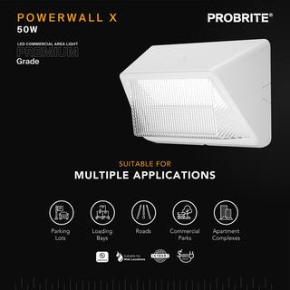 PROBRITE 175W Equivalent Integrated LED White Dusk to Dawn Commercial Refractor Wall Pack Light 6500 Lumens 4000K PRWX50-H-PC-4K-WH