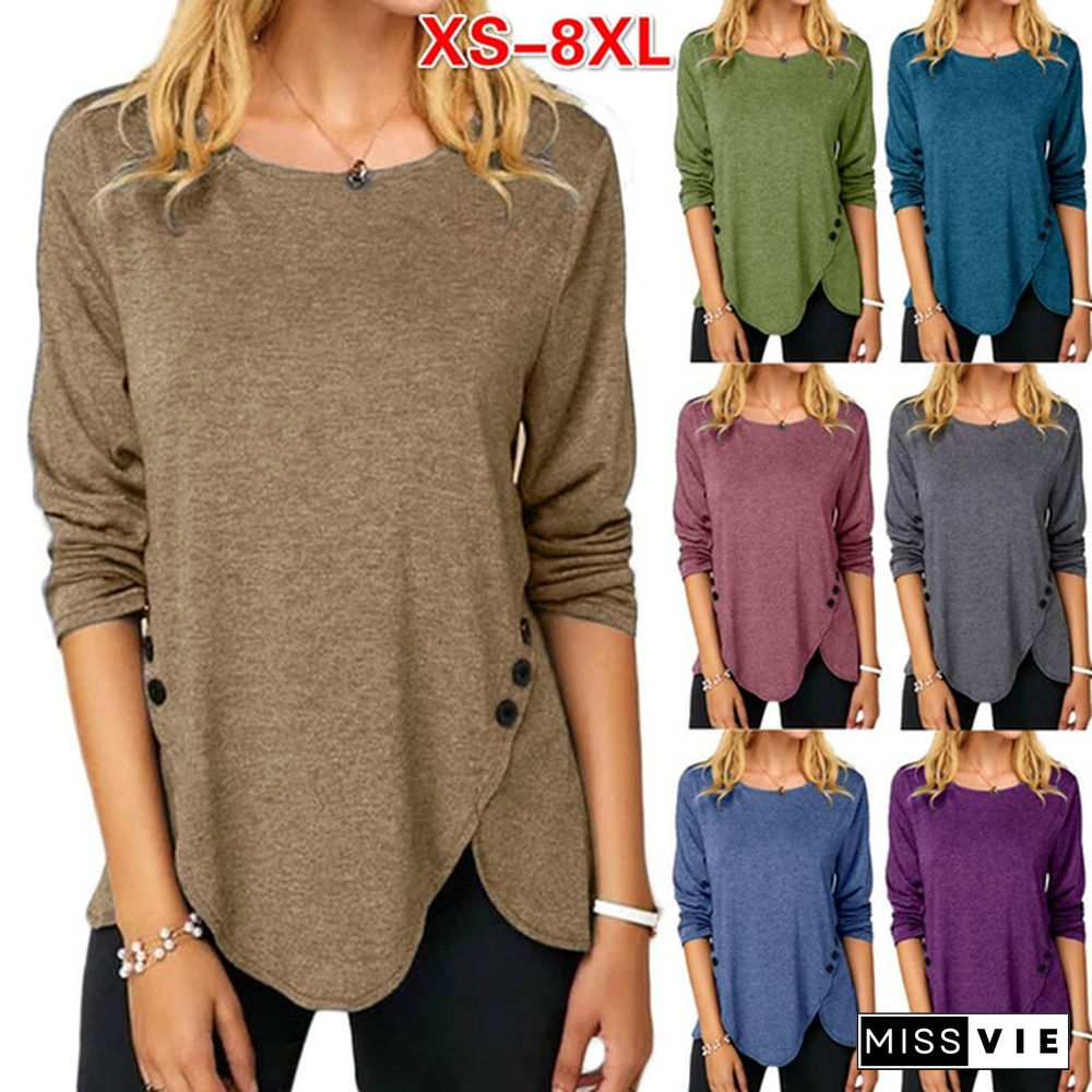 XS-8XL Fashion Clothes Autumn and Winter Tops Women's Causal Solid Color Irregular Shirts Round Neck Button Stitching Loose Blouses Ladies Plus Size Pullover Sweatshirts Long Sleeve Cotton T-shirts