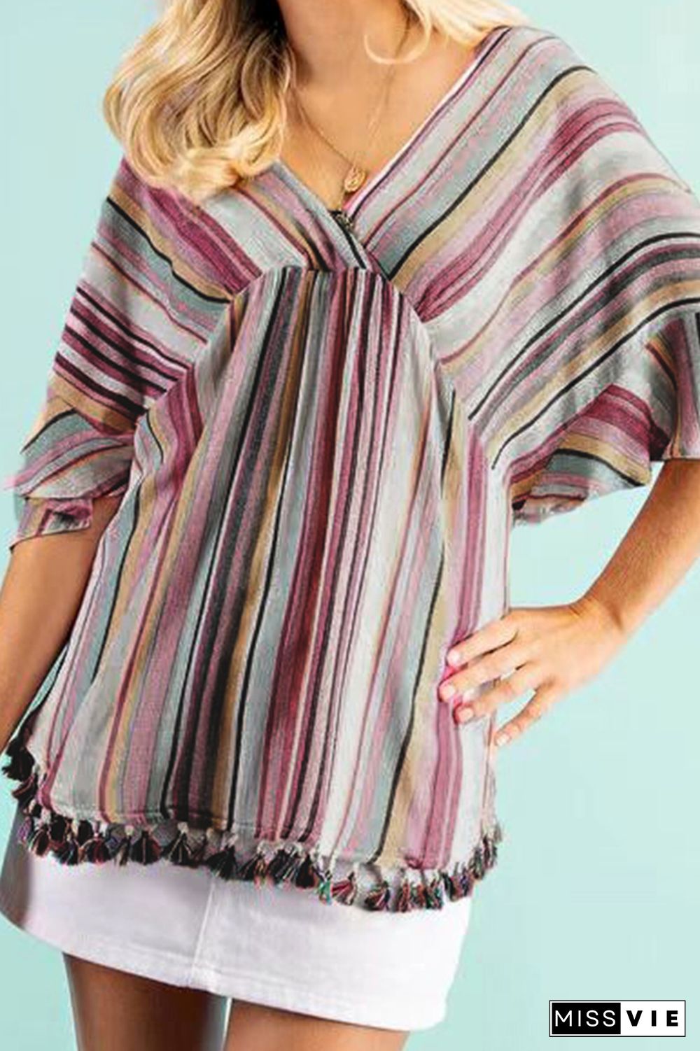 Colorful Stripe Print V-neck With Tassels Dress Cover Up Wholesale