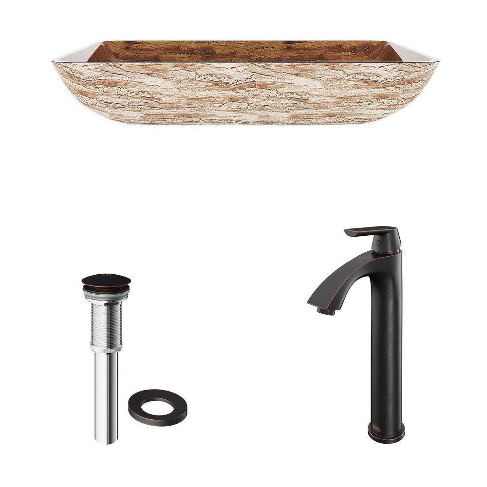 VIGO Glass Rectangular Vessel Bathroom Sink in Wooden Brown with Linus Faucet and Pop-Up Drain in Antique Rubbed Bronze VGT486