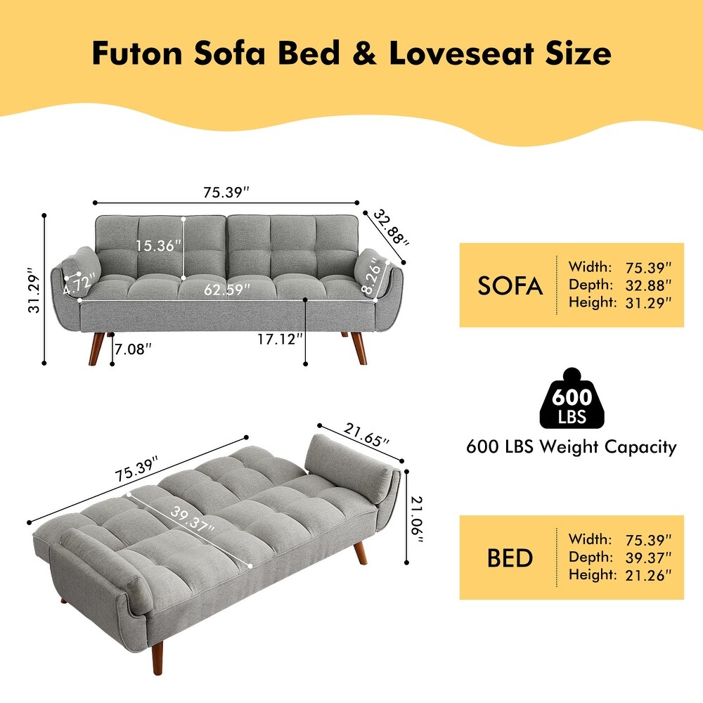 75.39 IN. Futon Sofa Bed  Convertible Upholstered Couch Sleeper with Reclining Sleeper Split Tufted Back