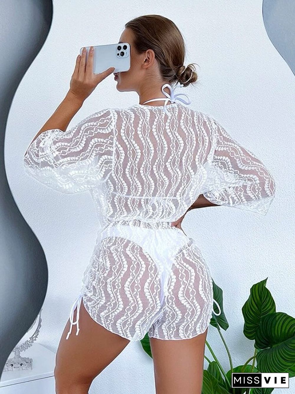 Sexy mesh waist drawstring sunscreen blouse 3-piece bikini