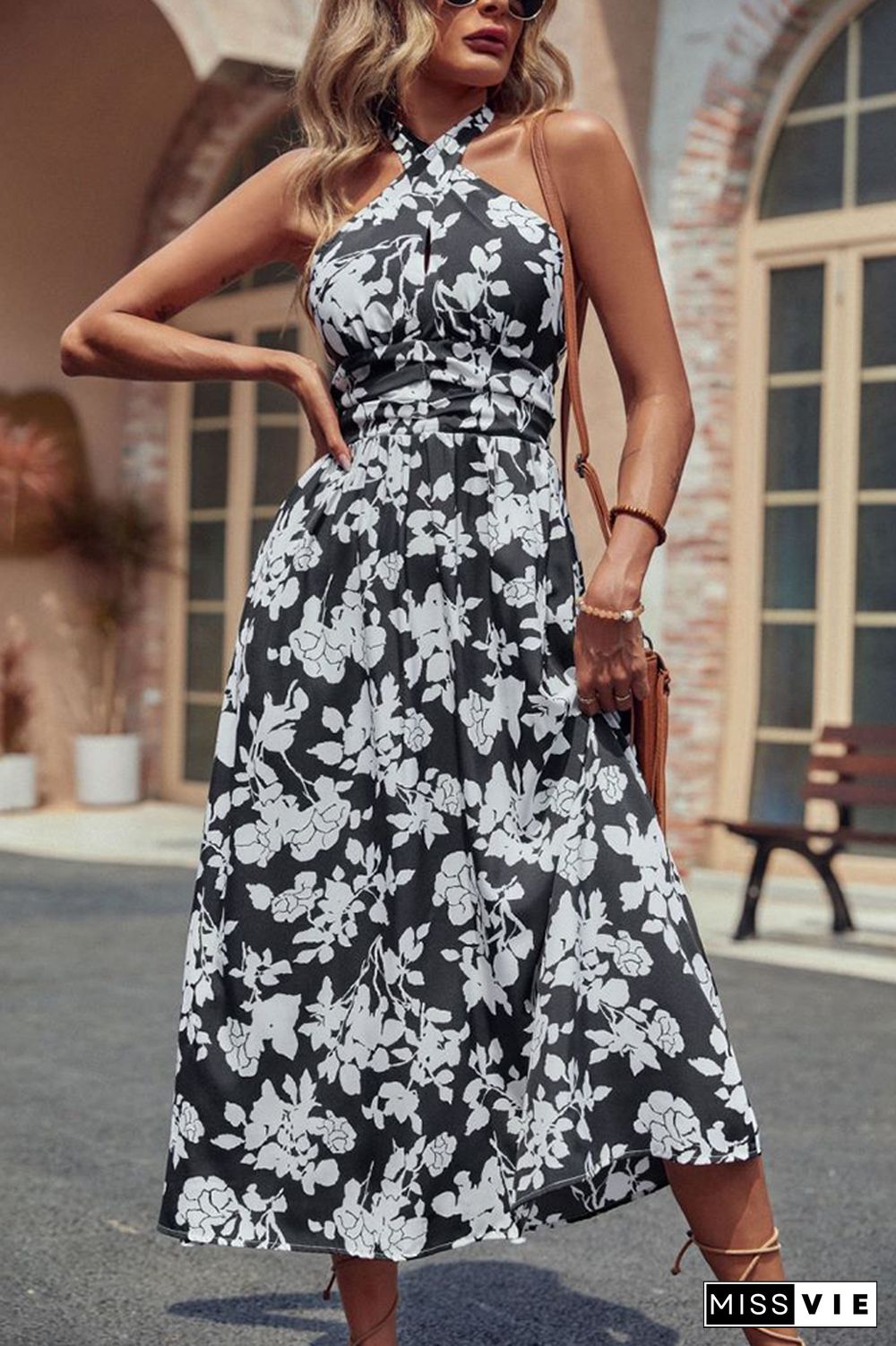 Black And White Floral Print Long Dress Wholesale