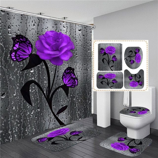 5 Colors Rose Print 3D Waterproof Polyester Shower Curtain or Anti-slip Bath Mat Set