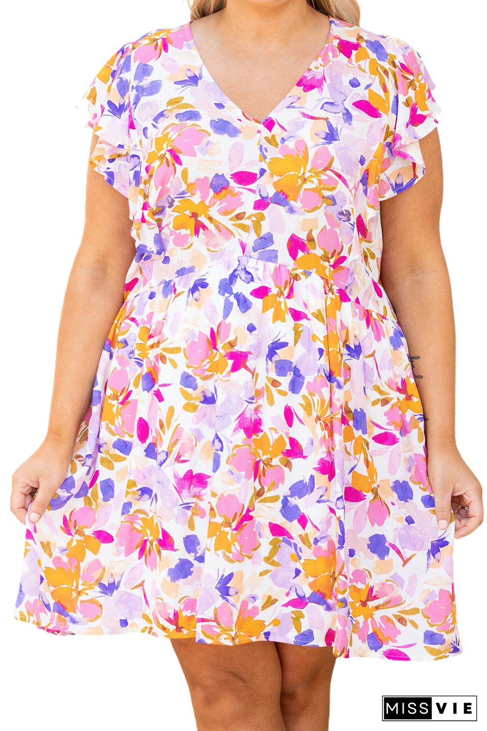 Multicolor Floral V-Neck Ruffled Sleeve Plus Size Dress