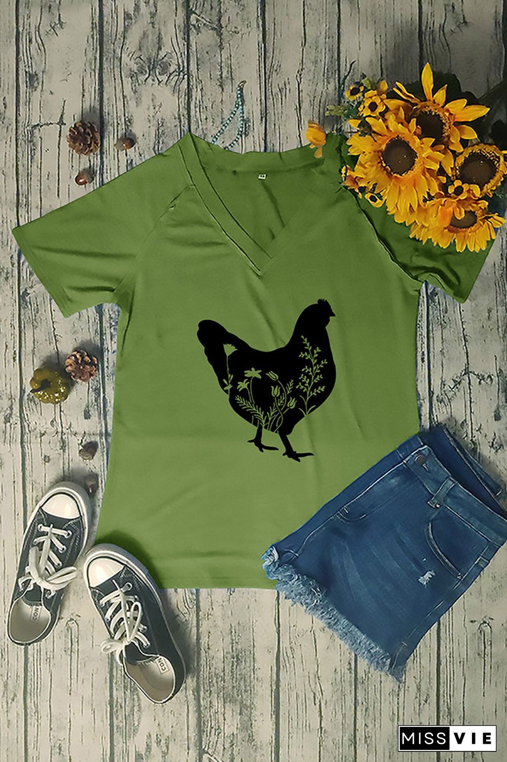 Floral Chicken V Neck Graphic Tee