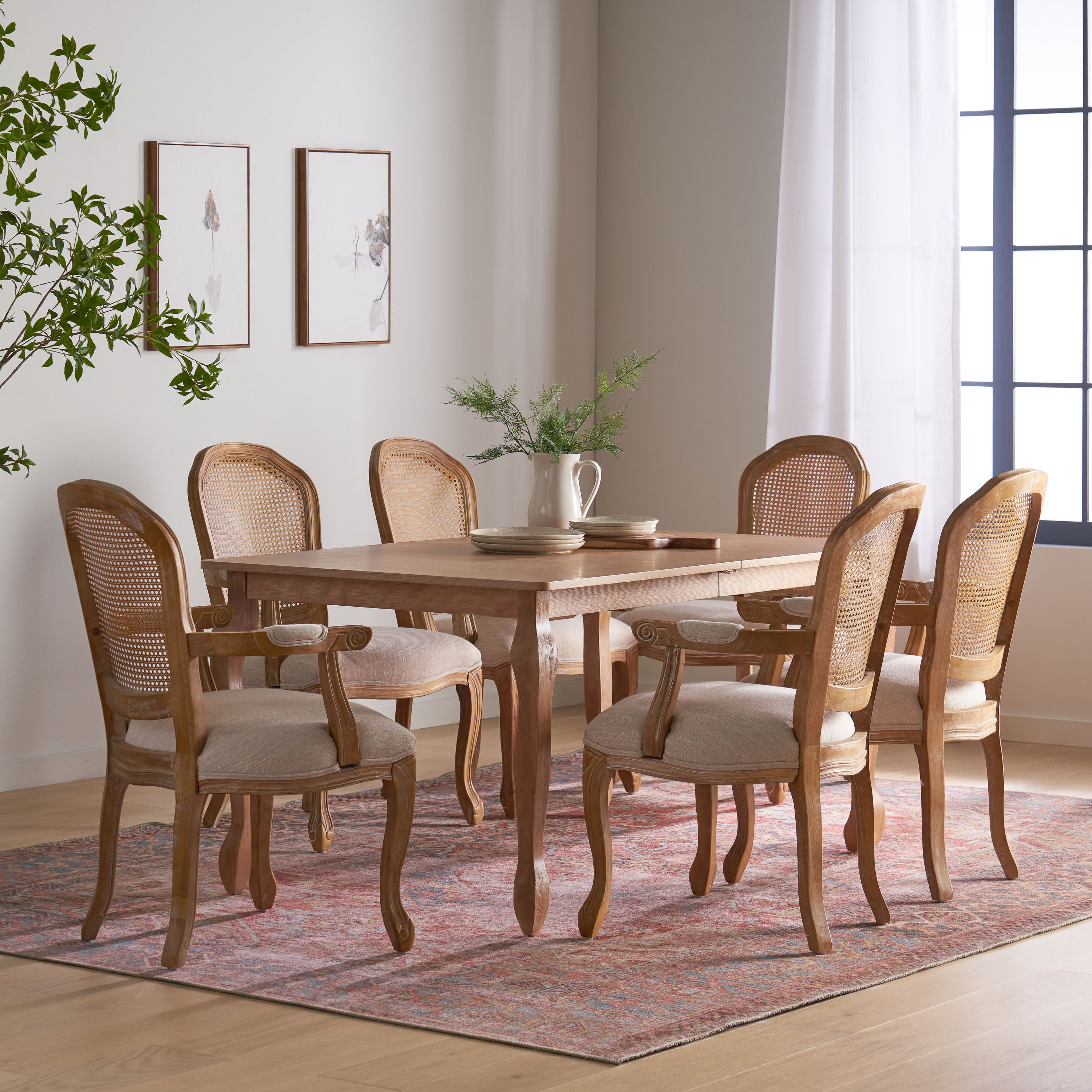 Fescue French Country Fabric Upholstered Wood and Cane Expandable 7 Piece Dining Set