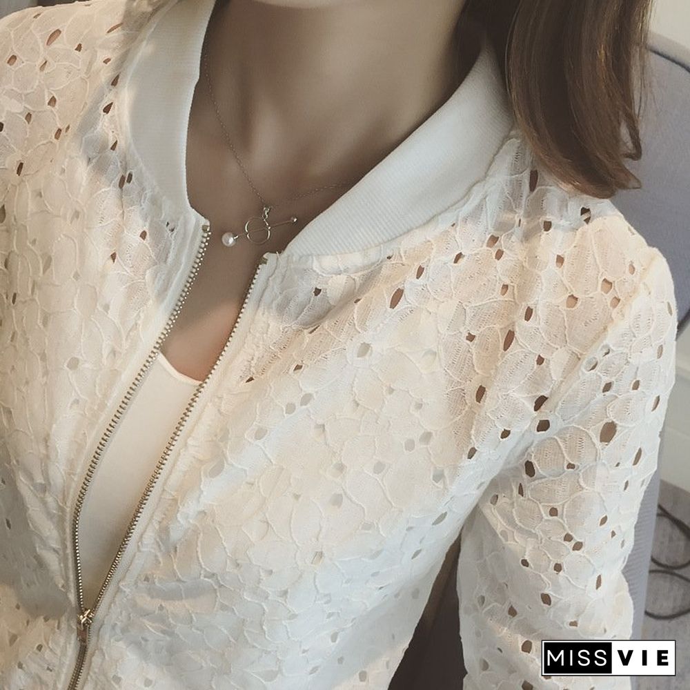 Women's Summer Thin Jacket White Lace Long Sleeve Sunscreen Women Clothing Hollow Out Breathable Bomber Jacket