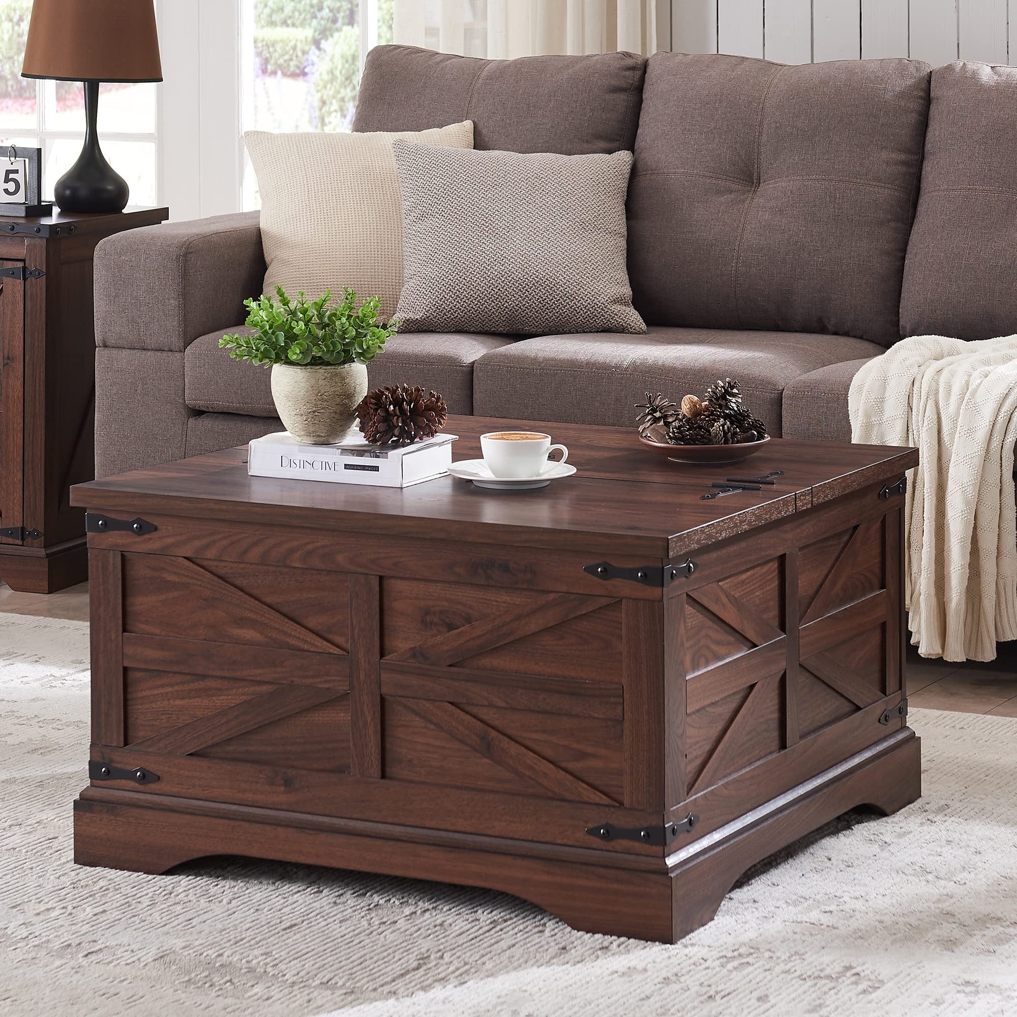 Farmhouse Coffee Table， Square Wood Center Table with Large Hidden Storage Compartment for Living Room， - as picture