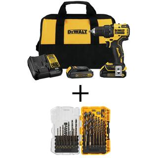 DW ATOMIC 20V MAX Cordless Brushless Compact 12 in. DrillDriver Kit and Black and Gold Drill Bit Set (21 Piece) DCD708C2W1181