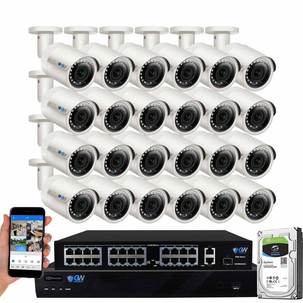 GW Security 32-Channel 5MP 8TB NVR Security Camera System w 24 Wired Bullet Cameras 2.8 mm Fixed Lens Built-In Mic Human Detection GW5037IP24-8T