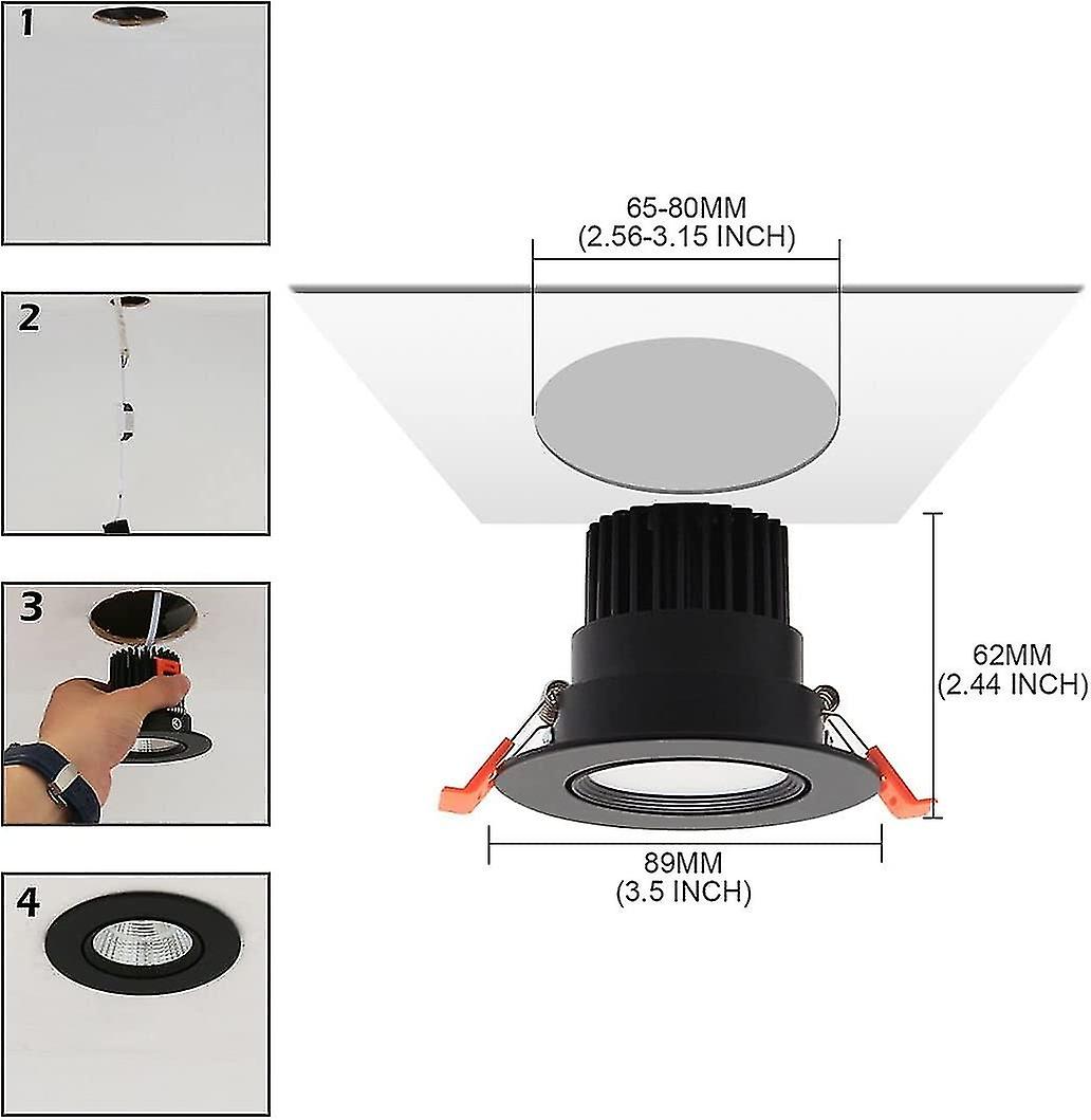 6 X Led Recessed Spotlights，5w Cob，cool White 6000k，ip44 (black)(aperture:75mm)