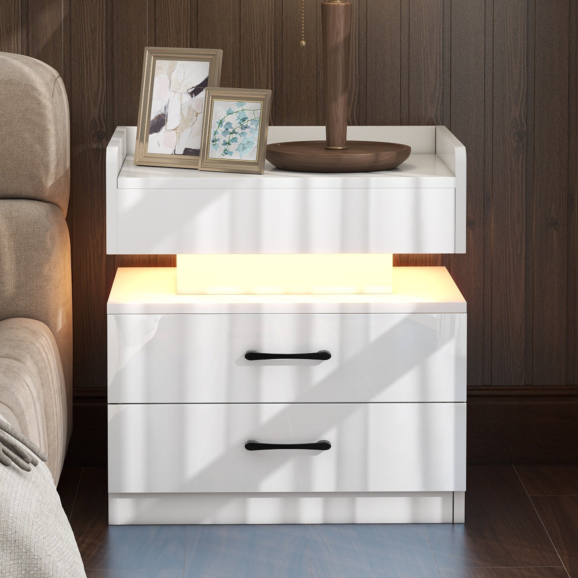 ikayaa Nightstand with 2 Drawers,USB Charging Ports, Wireless Charging and Remote Control LED Light-White