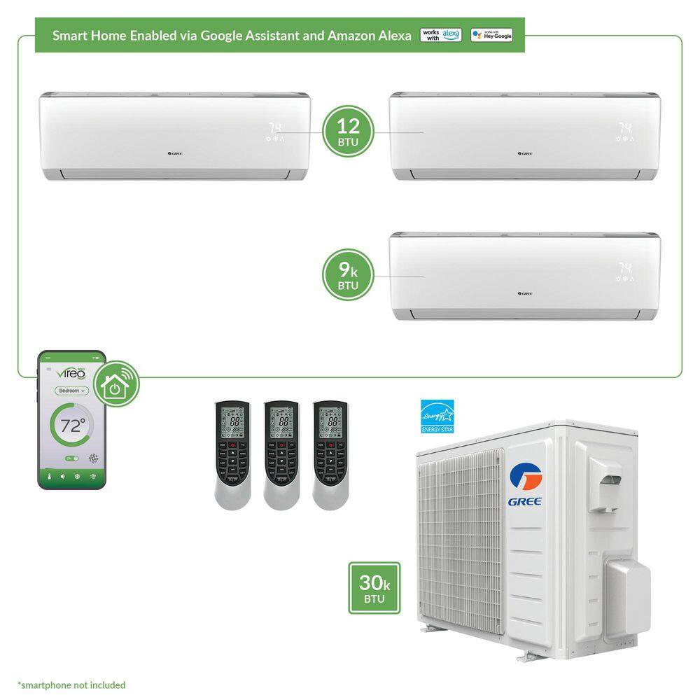 GREE Gen3 Smart Home Triple-Zone 28400 BTU 2.5 Ton Ductless Mini Split Air Conditioner with Heat Inverter Remote - 230V MULTI30VIR303HP