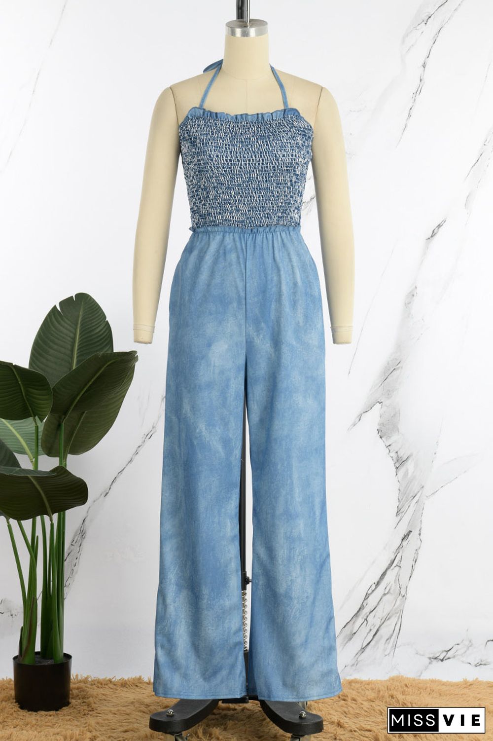 Blue Casual Solid Patchwork Fold Halter Straight Jumpsuits