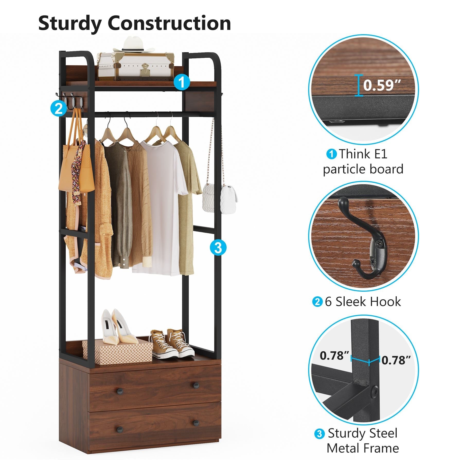 Freestanding Closet Organizer, Coat Rack with Drawers and Shelves