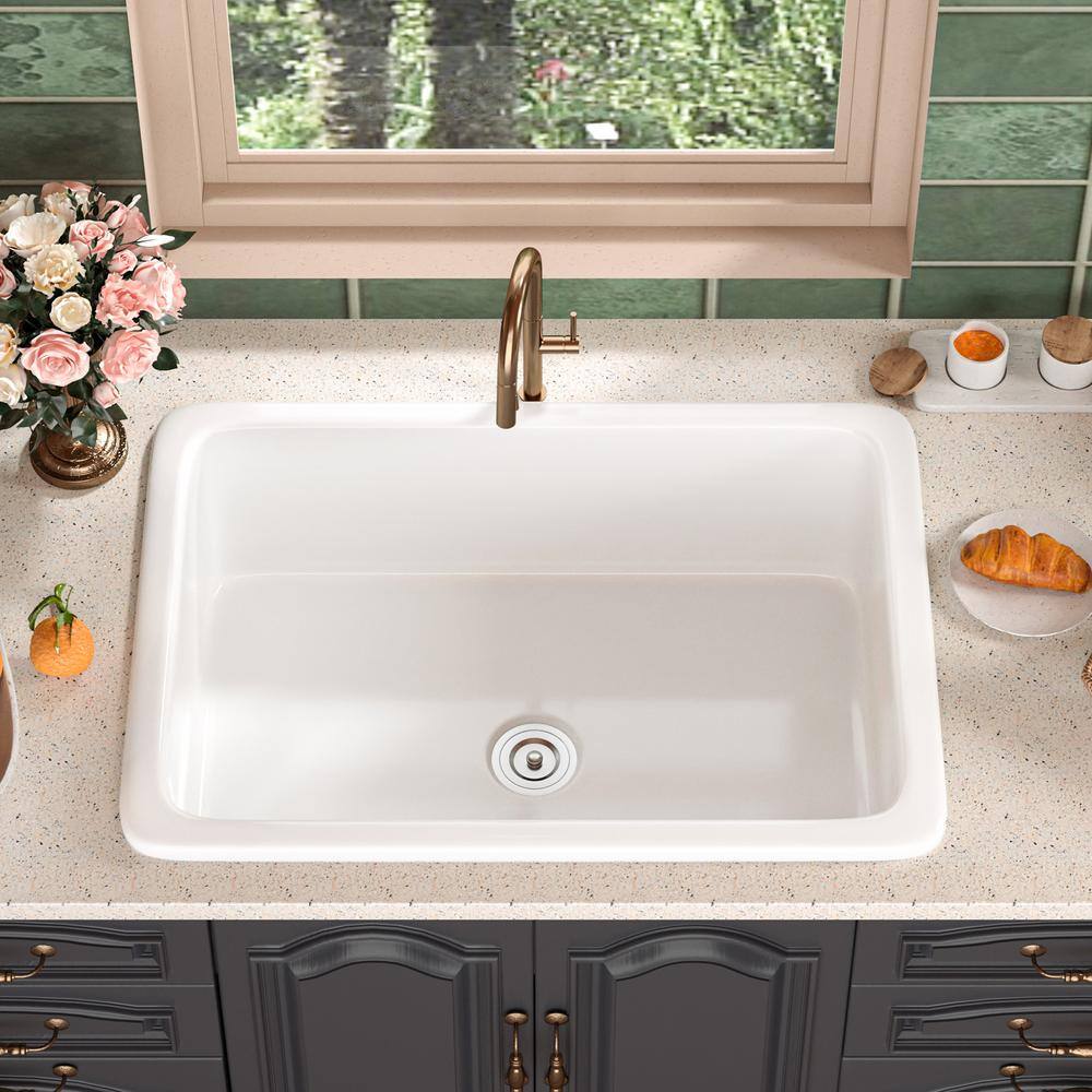 DEERVALLEY Glen White Fireclay Rectangular 27 in. Single Bowl Undermount Kitchen Sink with Bottom Grid and Basket Strainer DV-1K509