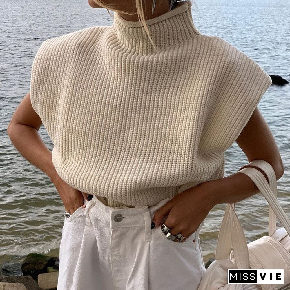 Women Knitted Sweaters Sleeveless Harajuku Solid Casual Turtleneck Pullover Knitting Vest Spring Jumper Tank Top Sweater Female