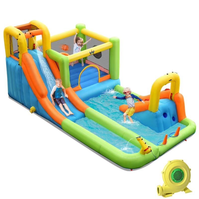 8-in-1 Giant Water Park Bounce House Inflatable Water Slide with Trampoline, Climbing Wall, Splash Pool, 735W Air Blower