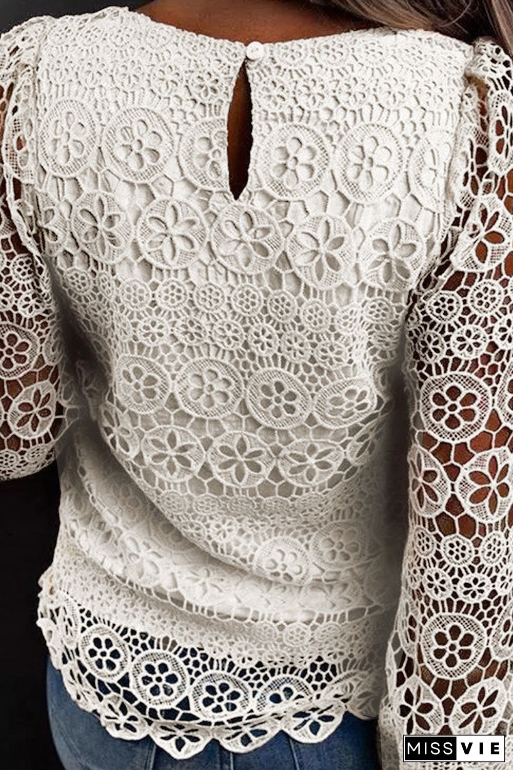 Beige Lace Contrast Hollow-Out Long Sleeve Blouse