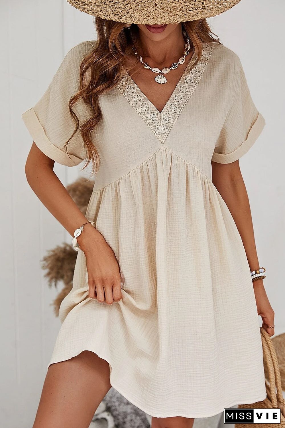 Folded Short Sleeve Lace V Neck Mini Dress