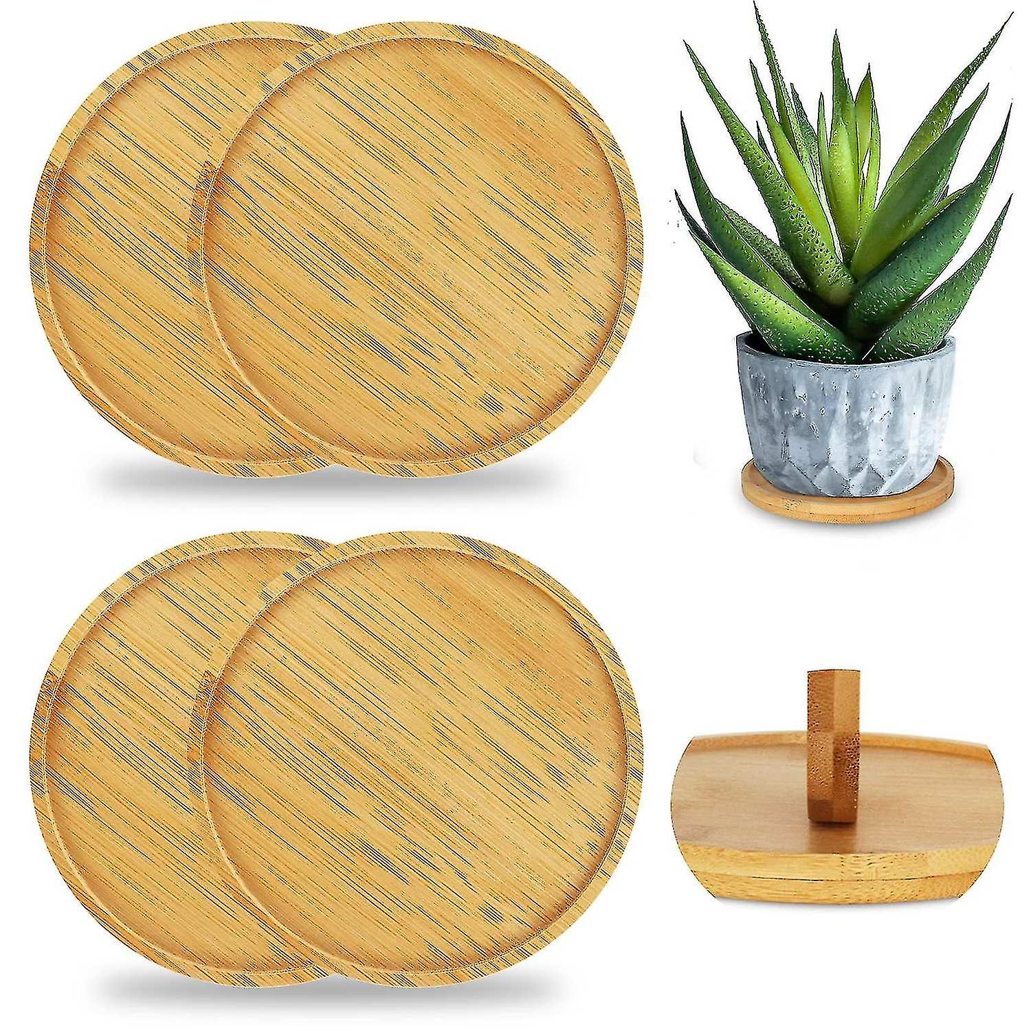 Bamboo Plant Saucer ， 4pcs Round Plant Tray Set For Plant Pots Saucers For Indoor Outdoor Succulents