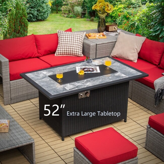 52 Inch Rattan Wicker Propane Fire Pit Table with Rain Cover and Lava Rock Black   52\