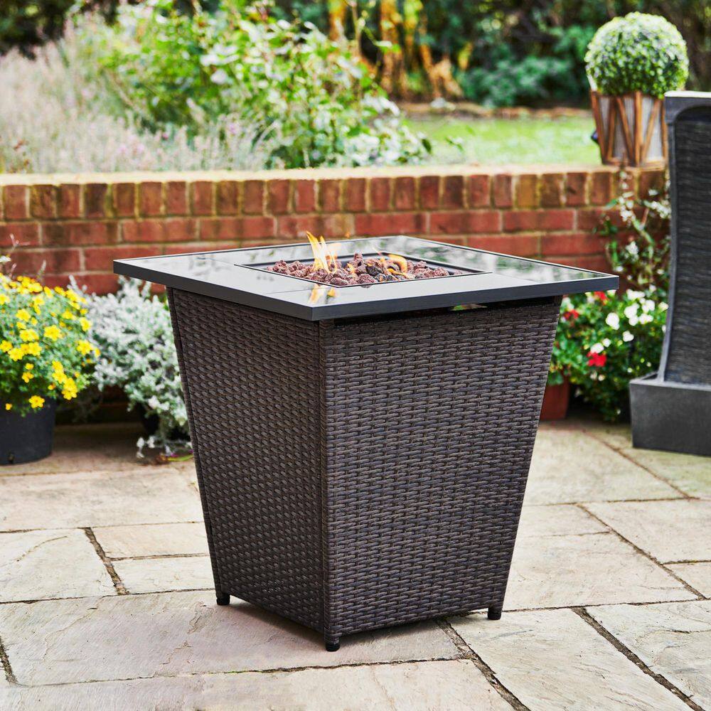 Teamson Home 30 in. Rattan Base Tempered Glass Top Propane Firepit with Lava Rock Metal Lid and Regulator HF30200AA