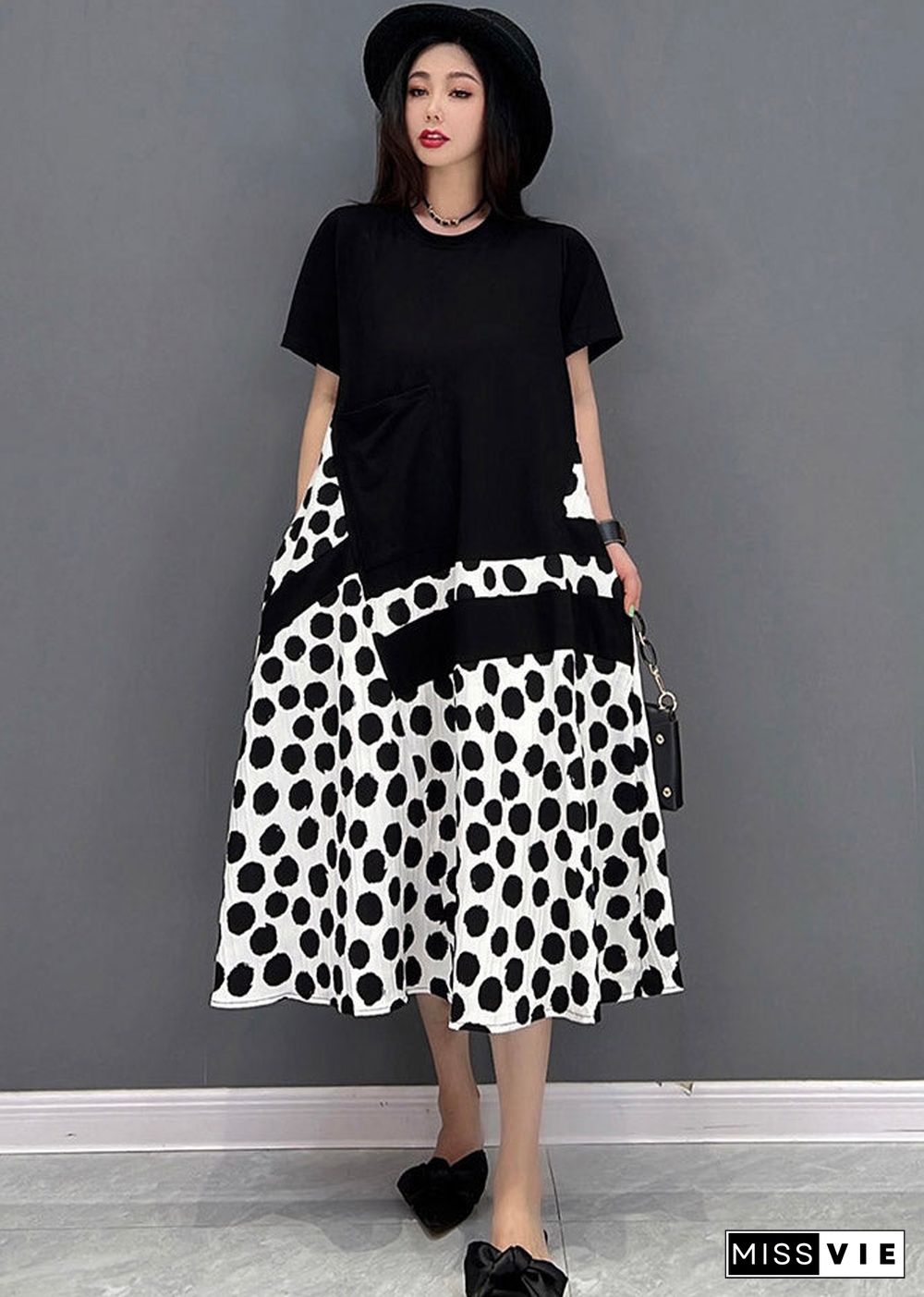 Black O-Neck Dot Maxi Dresses Short Sleeve