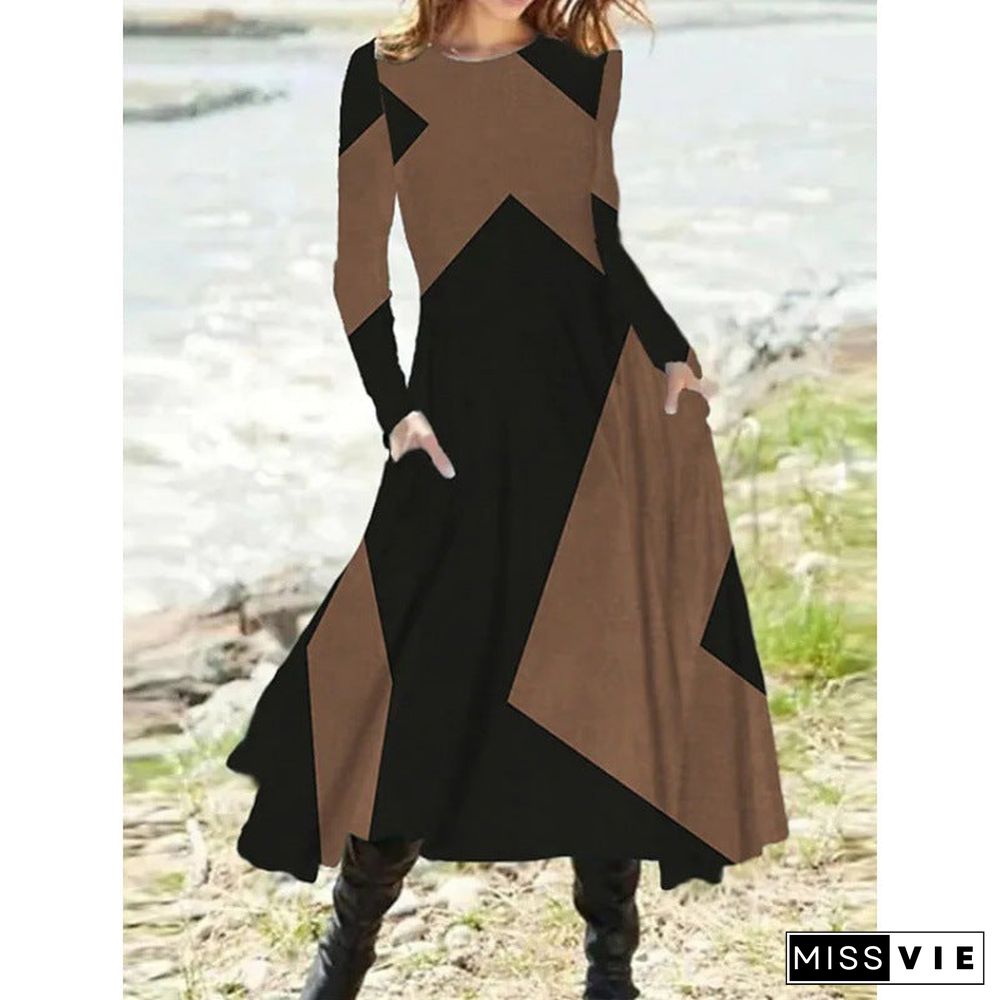 Women's Round Neck Casual Ethnic Retro Fashion Long Sleeve Oversized Swing Dress